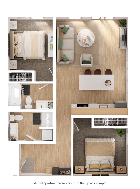 Floor plan for 2 beds, 2 baths, 908 sqft